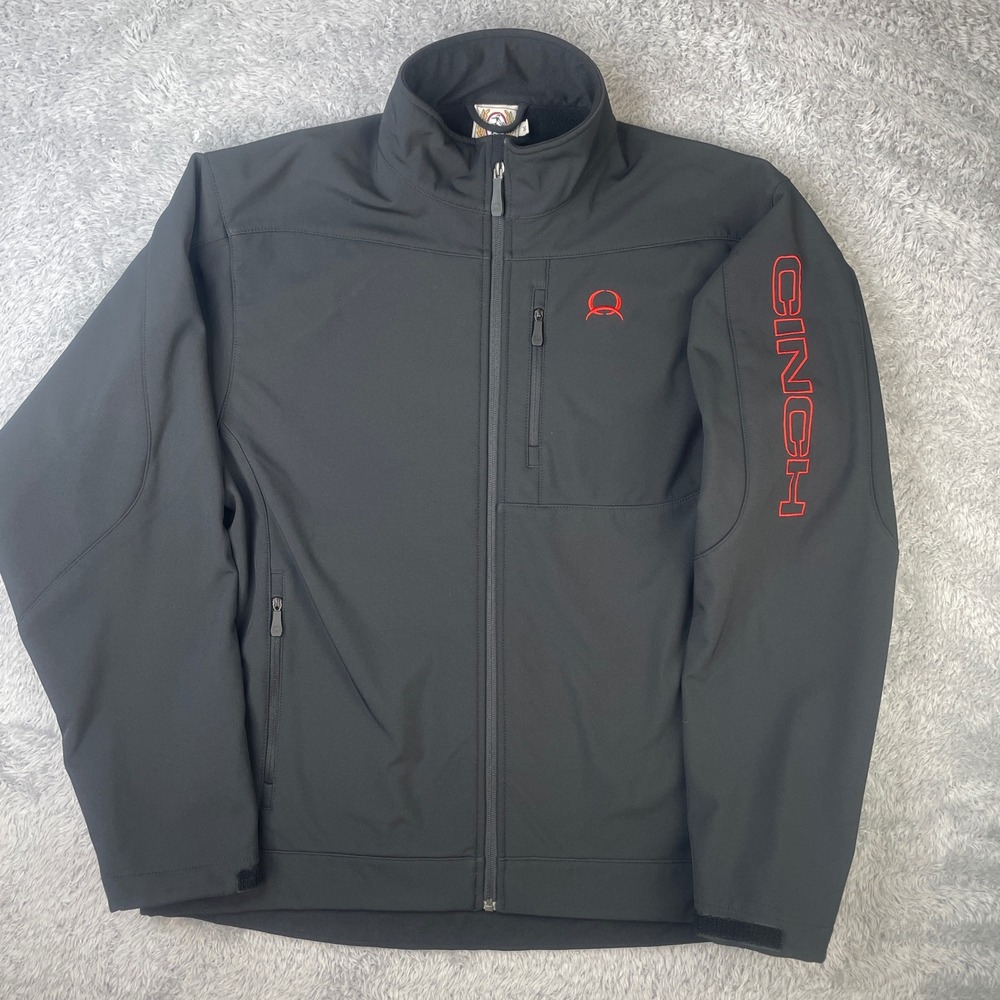 Cinch Softshell Jacket Mens XL Black Red Embroidered Logo Bonded Fleece Coat